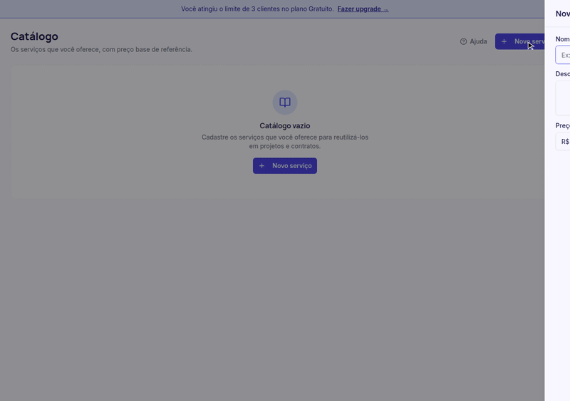 GIF criando um serviço no catálogo com nome e descrição