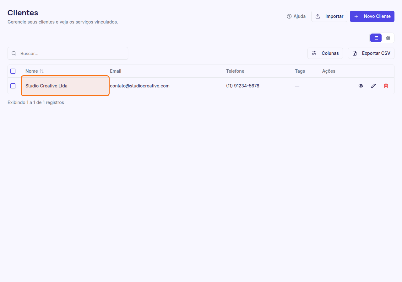 Listagem com o cliente cadastrado