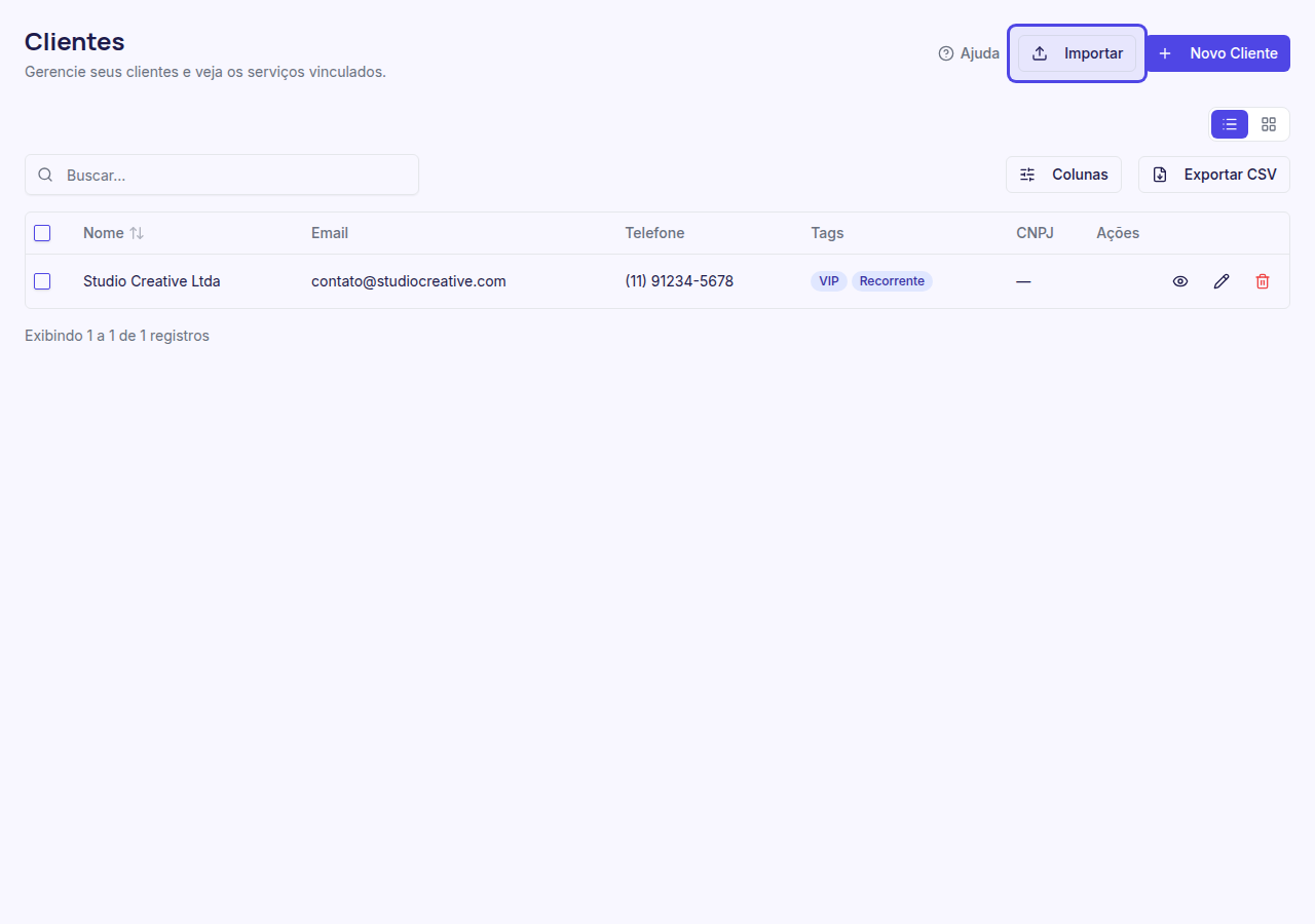 Botão Importar CSV destacado na listagem de clientes