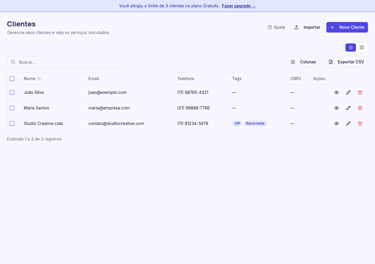Listagem de clientes após a importação