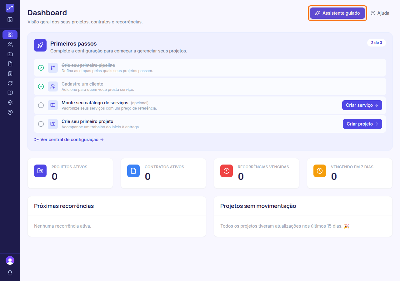 Botão Assistente guiado destacado no dashboard