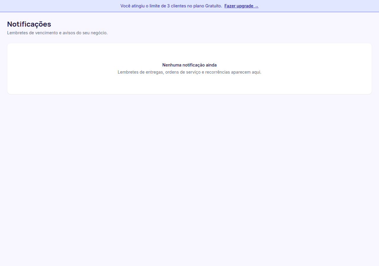 Página de notificações mostrando lembretes de projetos, OS e recorrências