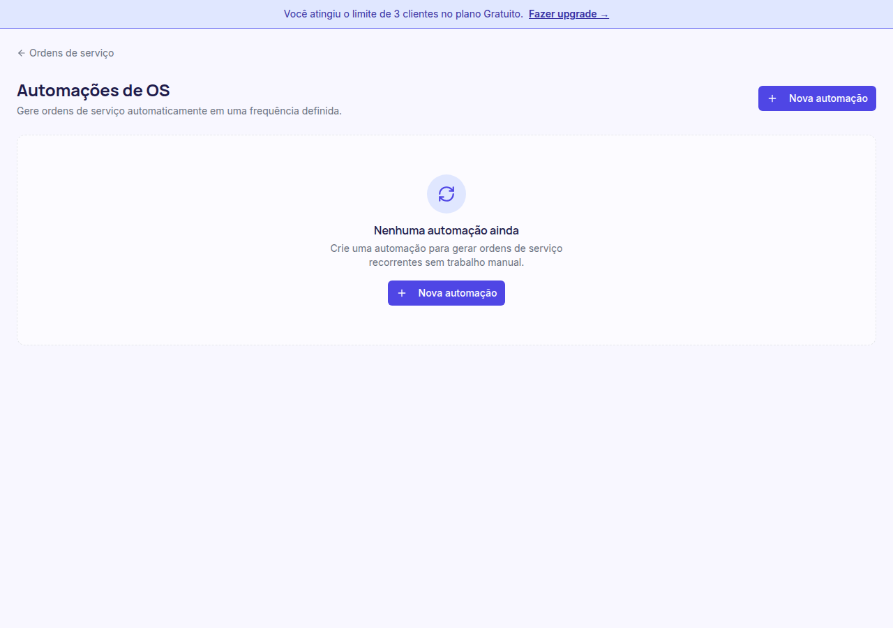 Página de Automações de OS mostrando a lista de automações configuradas