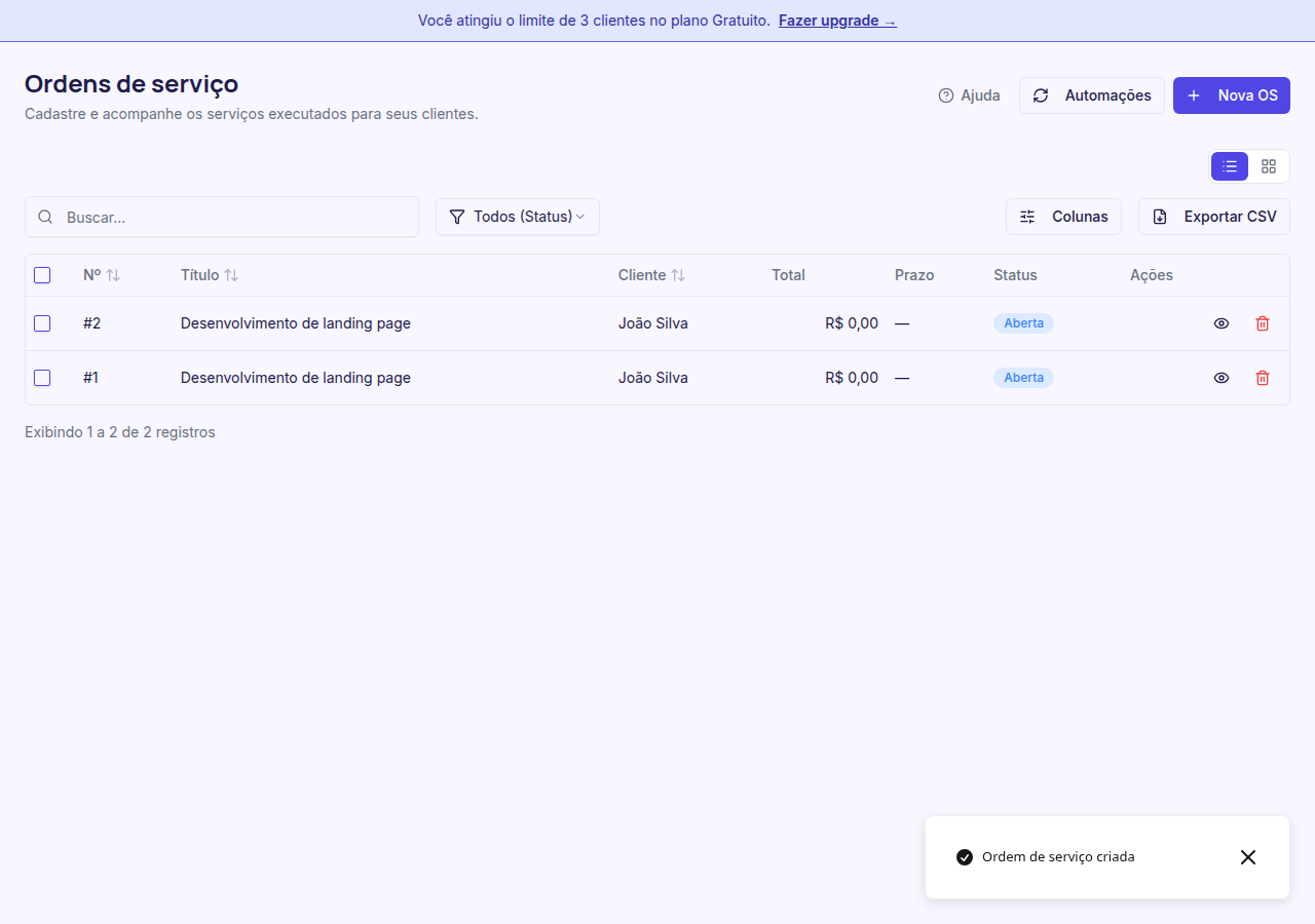 OS listada com número, cliente e status Aberta