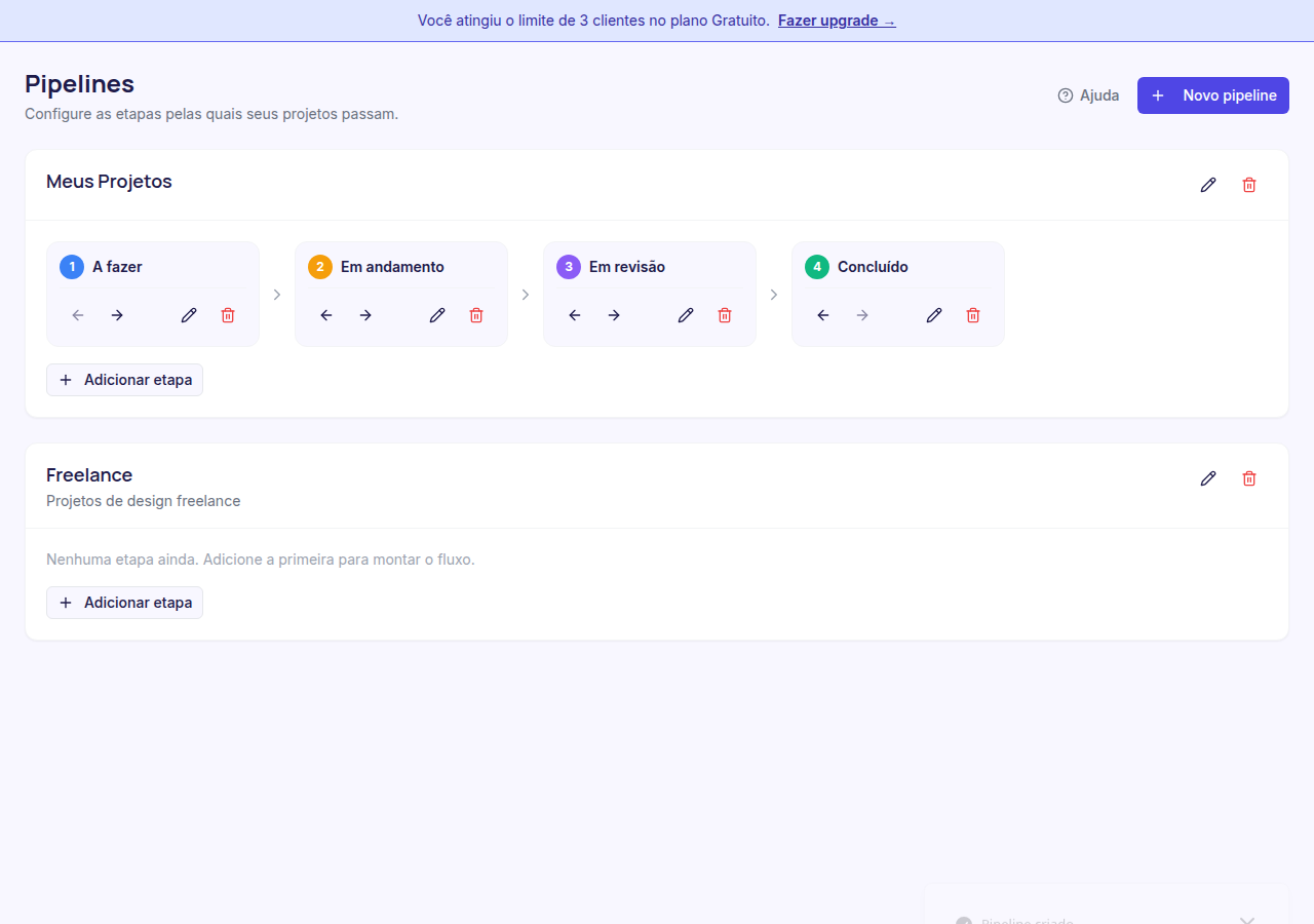 Pipeline Freelance criado, pronto para receber etapas