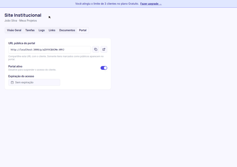 GIF acessando a aba Portal e copiando a URL pública com um clique