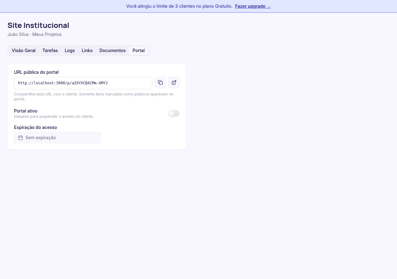 Aba Portal do projeto com switch ativado e URL pública visível