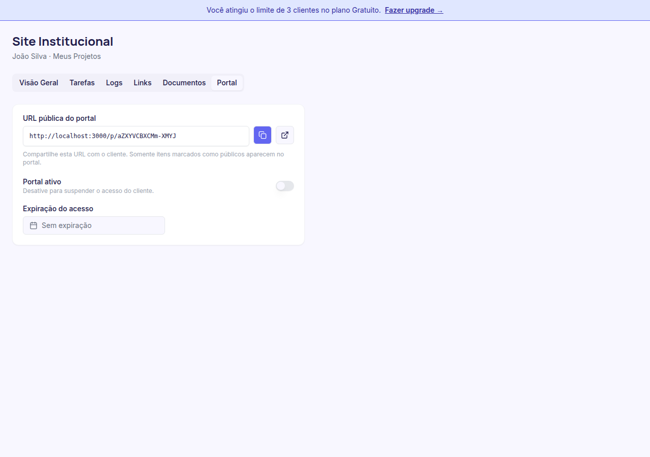 Aba Portal com toggle ativo, URL e opção de expiração