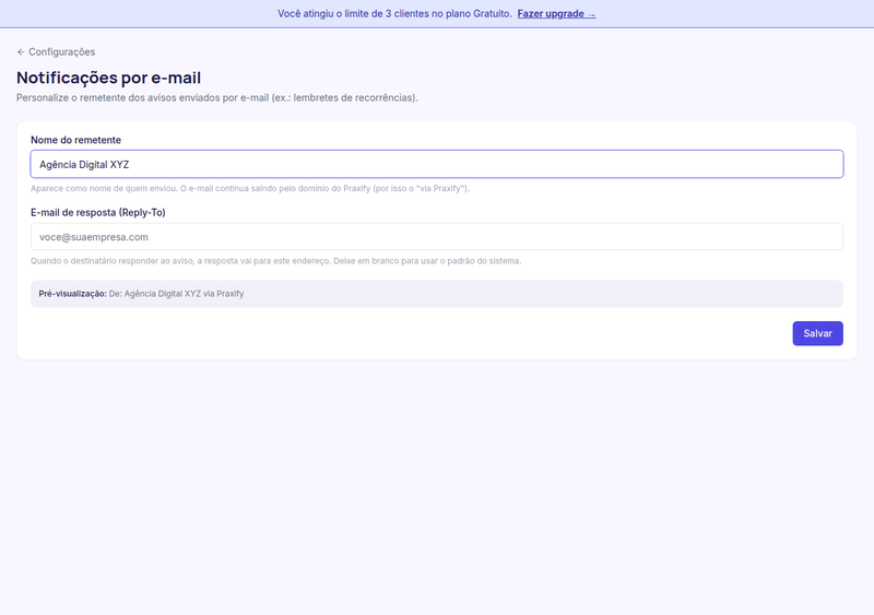 GIF preenchendo nome da empresa e email de resposta e salvando